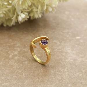 Celestial Amethyst Crescent Moon <b>Ring</b> 14K Gold Plated Brass <b>Adjustable</b> Boho & Hippie Unisex Daily Wear Jewelry - Product Image 4