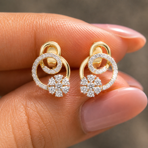 Boucles d'oreilles clous de luxe en or massif 14K avec diamants de laboratoire taille ronde, motif floral pavé, DEF VVS, pour mariée, bijoux fins, vente en gros - Product Image 1