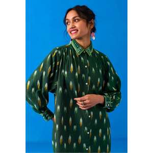 Vestido Camisero de Algodón Estampado Verde para Mujer, con Cinturón en la Cintura, Manga Larga, Estilo Casual, con Botones - Product Image 6