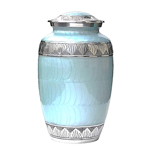Urnas de cremación de aluminio para adultos con grabado en estaño y acabado en esmalte azul cielo, urnas metálicas para cenizas humanas. - Product Image 1