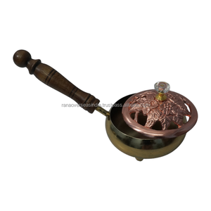Premium Iron Incense Burner Copper Plated Floral Lid Wooden Handle Incense Censer for Home <b>Decor</b> and Yoga - Product Image 1