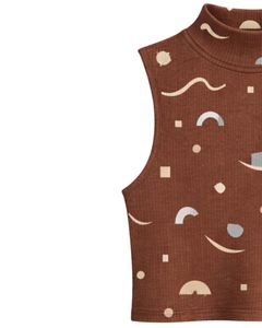 Top Corto Personalizado Marrón con Cuello Alto y Estampado Geométrico, Sin Mangas, Ajustado, Elástico, Informal y Moderno para Mujer - Product Image 2