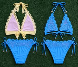 Ensemble de bikini en dentelle pour femme, haut triangle et bas à nouer sur les côtés, dentelle florale, couleurs personnalisées, maillot de bain - Product Image 1