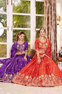 Purple Embroidered Leheriya Lehenga Set Banarasi Style Indian Wedding Outfit Long Sleeve Dupatta <b>Dress</b> - Product Image 3