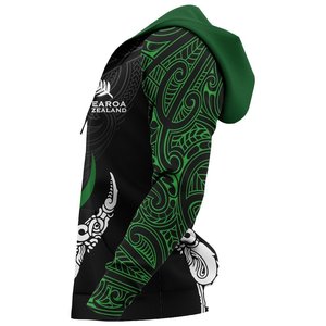 Aotearoa New Zealand Maori Pattern Hooded <b>Zipper</b> Men's Casual <b>Black</b> Green White Eco-Friendly 100% Cotton Breathable <b>Hoodie</b> - Product Image 4