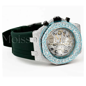 Montre analogique chronographe en quartz moissanite glacé avec bracelet en acier inoxydable, fermoir papillon, incrustation de diamants noirs ETA, style décontracté et luxueux - Product Image 2