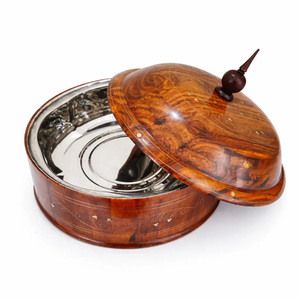 Premium Wooden Roti Box With <b>Tong</b> for <b>Serving</b> Wooden Casserole 22cm Round brass brid design Chapati Box With wood Lid - Product Image 6