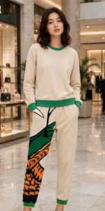 Ensemble sweat-shirt et pantalon pour homme, beige, col rond, avec bordure verte, motif uni, polyester/coton respirant et écologique - Product Image 5