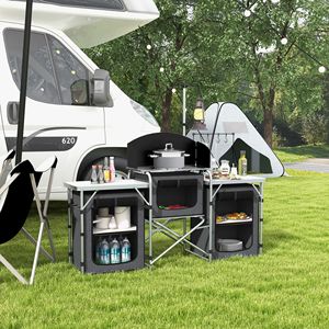 Cucina da Campeggio Portatile Pieghevole in Alluminio Nera con Armadietti in Tessuto e Borsa Antivento per BBQ e Picnic - Product Image 2