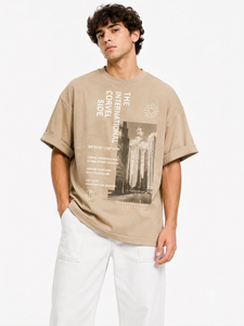 Custom Printed <b>men's</b> <b>shirts</b> Oversized Graphic Tee Wholesale Monochrome City Print Vertical Typography Rolled Cuff Silhouettes - Product Image 4