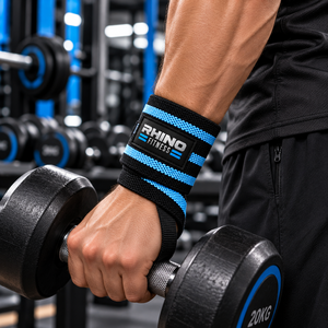 Bandes de poignet en coton noir et bleu Rhino Fitness avec boucle pour le pouce, pour la main gauche, pour la musculation, la salle de sport, le sport en plein air - Product Image 3