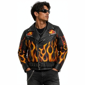 Men's Men's Studded Black Leather Biker <b>Jacket</b> with Flame Design | Punk Rock Moto Outerwear Winter Bomber <b>Jacket</b> <b>Thick</b> Padded - Product Image 1