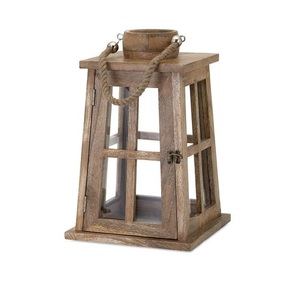 Portavelas de madera con paneles de vidrio transparente y asa de cuerda, accesorio vintage para el hogar - Product Image 1