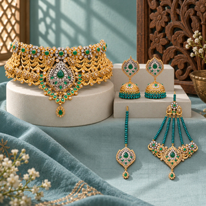 Ensemble de bijoux de mariée vert (collier ras-du-cou, jhumka, tikka, pasa) pour la vente en gros et la fabrication en vrac - Product Image 1