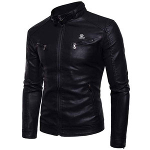 Chaqueta de cuero negra para hombre, estilo motociclista, corte ajustado, cuello alto, con cremallera, abrigo de invierno cálido, estilo béisbol personalizado - Product Image 4