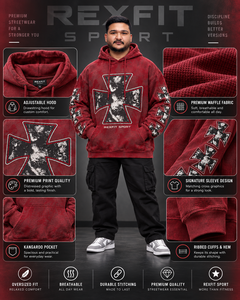 Sudadera con capucha roja lavada para hombre, diseño geométrico en la manga, estilo oversize, streetwear, forro polar grueso, personalizada - Product Image 3