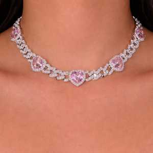 Pink Heart Cuban Link Necklace Iced Out <b>Silver</b> <b>Choker</b> Statement Pave Jewelry Handmade Bulk Product - Product Image 1