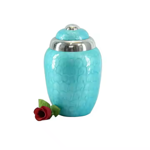Elegante Urna Funeraria de Metal con Textura de Guijarros Azul Celeste para Cenizas Humanas, con Borde Floral Plateado Hecho a Mano, Recuerdo Conmemorativo - Product Image 3