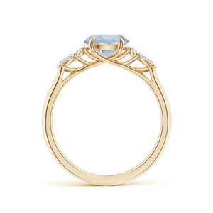 Anillo de oro amarillo con aguamarina redonda y detalles de diamantes marquise y redondos, anillo solitario con racimo de piedras preciosas naturales, forma redonda. - Product Image 2