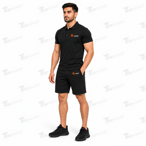 Tiierwear <b>Men's</b> <b>Black</b> <b>Polo</b> <b>Shirt</b> & Shorts Set Solid Color Breathable Knitted Fabric Summer Casual Wear Front Logo - Product Image 3