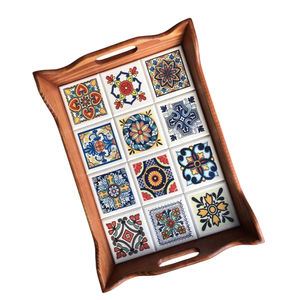 Bandeja de servir de madera de alta calidad hecha a mano estilo marroquí, de madera de nogal con incrustaciones de nácar, bandeja para aperitivos de mesa de café. - Product Image 2