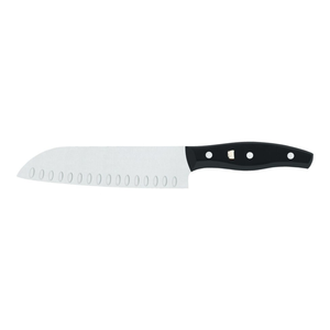 Couteaux Santoku noirs à manche riveté courbé avec lame ovale alvéolée argentée pour trancher la papaye, hacher les légumes et couper les aliments en dés - Product Image 1