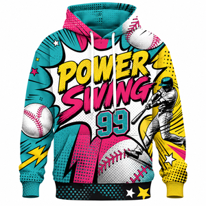 Sweat à capuche de baseball Power Swing 99 unisexe, pull-over avec impression par sublimation, vêtements de sport pour adultes, design respirant - Product Image 1