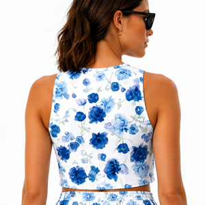 Women Breathable Collarless <b>Blue</b> Floral Printed 2 Piece Set Sleeveless <b>Crop</b> Tank <b>Top</b> Elastic Waist Shorts Casual Summer Outfit - Product Image 5