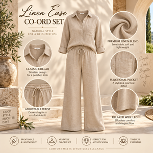 Ensemble coordonné décontracté en coton recyclé uni |   Chemise boutonnée pour femme, pantalon à jambes larges, taille à cordon de serrage, décontracté, été, resort, respirant - Product Image 3