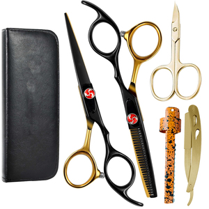 Juego de 5 Tijeras Profesionales de 6 Pulgadas para Cortar y Entresacar Cabello, Bajo MOQ, con Anillo de Acero Inoxidable y Cuchilla para Depilación Facial, con Estuche - Product Image 1