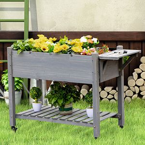 Fioriera Quadrata Grande in Metallo, Vaso Rialzato da Giardino con 8 Griglie per la Coltivazione, Ripiano Portaoggetti e Ruote Bloccabili, Realizzato in Abete - Product Image 2