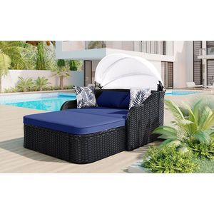 Lettino prendisole doppio da esterno GO 79,9 pollici con tettuccio regolabile in rattan PE e vimini nero, cuscino blu - Product Image 4