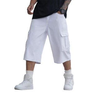Shorts en jean décontractés pour hommes, coupe droite, 100 % coton, écologiques, respirants, extensibles, lavage à chaud, couleur blanc pur, style baggy - Product Image 1