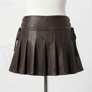 Jupe mini plissée en similicuir taille haute pour femme, avec lacets latéraux ajustables, couleur unie, style toutes saisons - Product Image 2