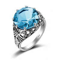 Bague de fiançailles vintage en argent sterling 925 avec topaze bleue naturelle, sertie de griffes, forme géométrique, unisexe, cadeau d'anniversaire