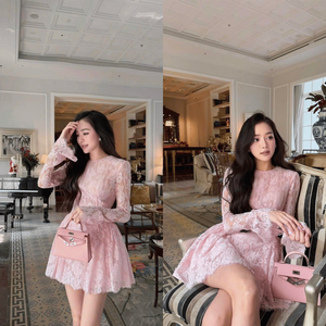 Lace Fabric Solid Square Collar Casual Women's Dresses Party Sweet <b>Mini</b> Line A-Line Long Sleeve Slim Fit Natural Waist - Product Image 4