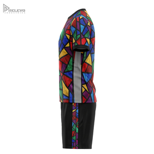 Conjunto Deportivo de Fútbol Sublimado Completo OEM, Cuello Redondo, Diseño de Vidrio de Catedral, Uniforme de Fútbol con Pantalones Cortos en Contraste Negro, 100% Poliéster - Product Image 3