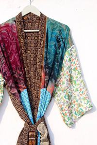 ชุดกิโมโนผ้าไหมลายส่าหรีสไตล์วินเทจชุดกิโมโนส่าหรี - Product Image 3