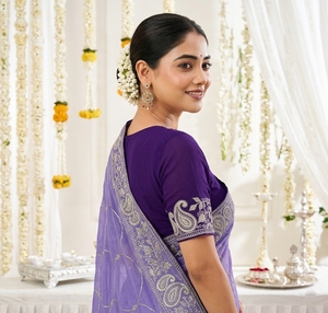 <b>Purple</b> Silk <b>Saree</b> With Silver Embroidery Traditional Wedding Wear For Women Floor Length Regular Fit Wrinkle Free - Product Image 4