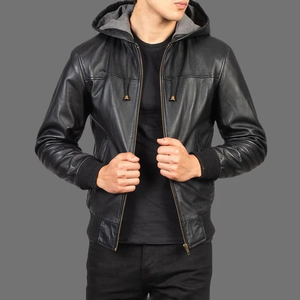 Blouson bomber en cuir noir pour homme, fermeture éclair, couleur unie, coupe ajustée, vêtement d'automne - Product Image 1