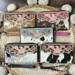 Fashionable Women Designer Eagle Pattern <b>Tooled</b> Clutches Real Cowhide Fur <b>Leather</b> Multiple Card Holder Rfid Evening Wallet Purse - Product Image 1