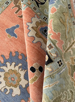 Tapis Premium Peach Oushak noué à la main en laine/soie, bordure vert sauge, motif floral traditionnel, adapté aux animaux domestiques, antidérapant, à poils ras 1
