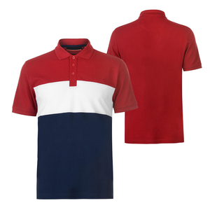 Polo de punto casual para hombre, de manga corta, con bloques de color rojo, blanco y azul marino, de corte regular y diseño con botones, ahora a la venta. - Product Image 1