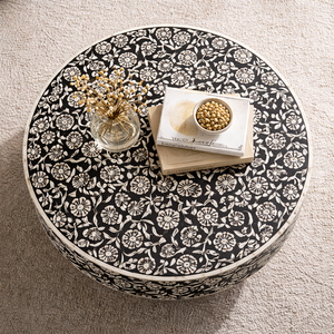 <b>Round</b> Coffee <b>Table</b> Decorative Wooden Accent Center <b>Table</b> Black and <b>White</b> Floral Inlay Living Room Furniture - Product Image 2