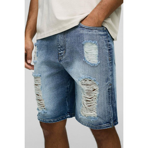Jorts en denim déchirés au genou Vintage pour hommes Shorts pour hommes personnalisés lavés bleu brut détresse été rue Look coupe propre OEM - Product Image 3
