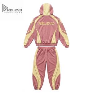Ensemble de survêtement personnalisé OEM avec logo, couleur rose beige contrastée, avec passepoil, sweat-shirt à capuche zippé et pantalon de survêtement pour homme - Product Image 2