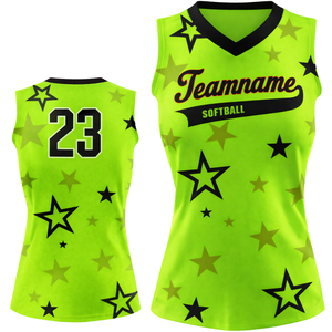 Camiseta de Softbol sin Mangas con Sublimación Completa, Estampado de Estrellas Verde Neón, Cuello en V, Uniforme Personalizado para Equipo con Número en la Espalda - Product Image 1