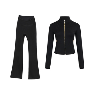 Women's Blue 2 Piece Yoga Set Full <b>Zip</b> Jacket Flare Pants High Waist Seamless Stretchy Workout Suit - Product Image 2