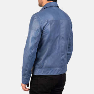 Veste moto en cuir véritable bleu pour homme, col rabattu, fermeture éclair, coupe ajustée, longueur normale, vêtement d'automne - Product Image 6