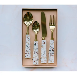 Pink Bamboo Handle Flatware <b>Set</b> with Gold Tone Metal <b>Cutlery</b> Dishwasher Safe Vintage Design Party Use - Product Image 2